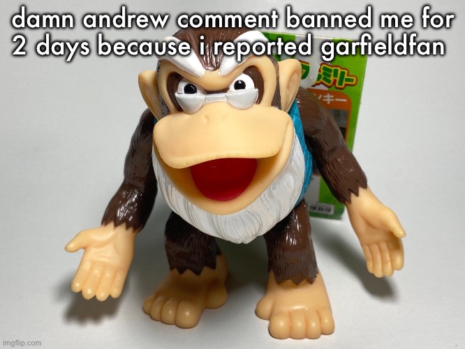 in msmg btw | damn andrew comment banned me for 2 days because i reported garfieldfan | image tagged in cranky kong | made w/ Imgflip meme maker