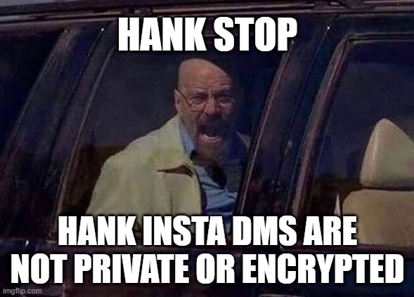 . | HANK STOP; HANK INSTA DMS ARE NOT PRIVATE OR ENCRYPTED | image tagged in walter white screaming at hank | made w/ Imgflip meme maker