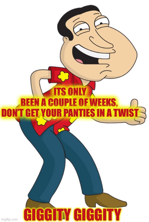 Quagmire | ITS ONLY BEEN A COUPLE OF WEEKS, 
DON’T GET YOUR PANTIES IN A TWIST GIGGITY GIGGITY | image tagged in quagmire | made w/ Imgflip meme maker