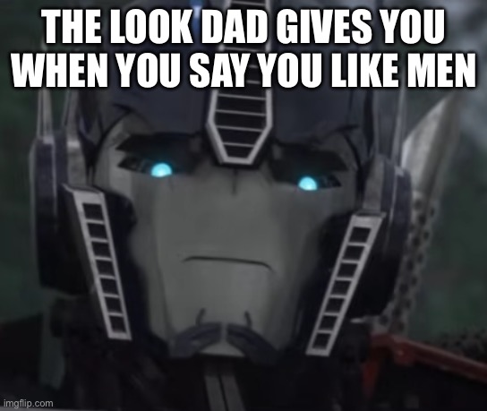 Optimus Prime Disapproving Stare | THE LOOK DAD GIVES YOU WHEN YOU SAY YOU LIKE MEN | image tagged in optimus prime disapproving stare | made w/ Imgflip meme maker