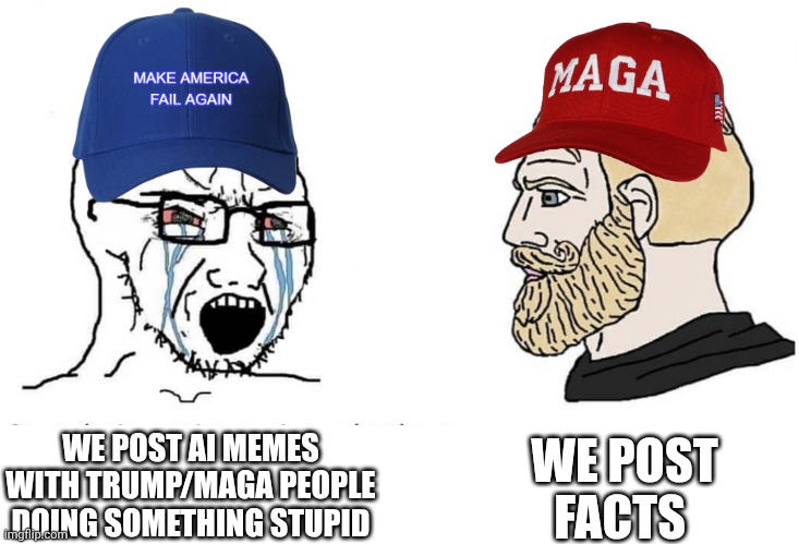 The politics stream in a nutshell | WE POST AI MEMES WITH TRUMP/MAGA PEOPLE DOING SOMETHING STUPID; WE POST FACTS | image tagged in soyboy vs yes chad | made w/ Imgflip meme maker