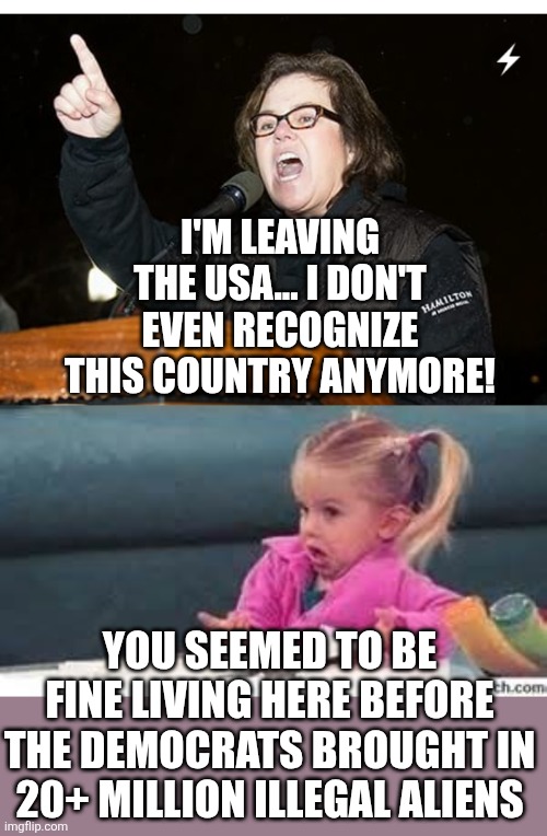None of us recognize it anymore...That's why we need more ICE... | I'M LEAVING THE USA... I DON'T EVEN RECOGNIZE THIS COUNTRY ANYMORE! YOU SEEMED TO BE FINE LIVING HERE BEFORE THE DEMOCRATS BROUGHT IN 20+ MILLION ILLEGAL ALIENS | image tagged in rosie finger,girl shrugging shoulders | made w/ Imgflip meme maker