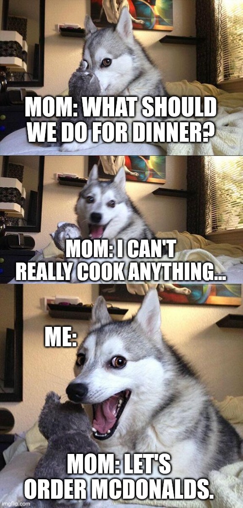 Lol | MOM: WHAT SHOULD WE DO FOR DINNER? MOM: I CAN'T REALLY COOK ANYTHING... ME:; MOM: LET'S ORDER MCDONALDS. | image tagged in memes,bad pun dog | made w/ Imgflip meme maker