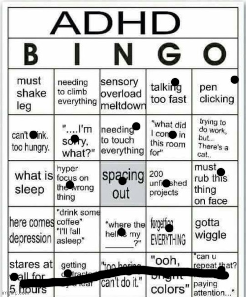 First bingo I got a bingo on | image tagged in adhd bingo | made w/ Imgflip meme maker
