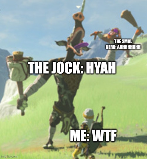 BOTW moblin throwing boko | THE SMOL NERD: AHHHHHHHH; THE JOCK: HYAH; ME: WTF | image tagged in botw moblin throwing boko | made w/ Imgflip meme maker
