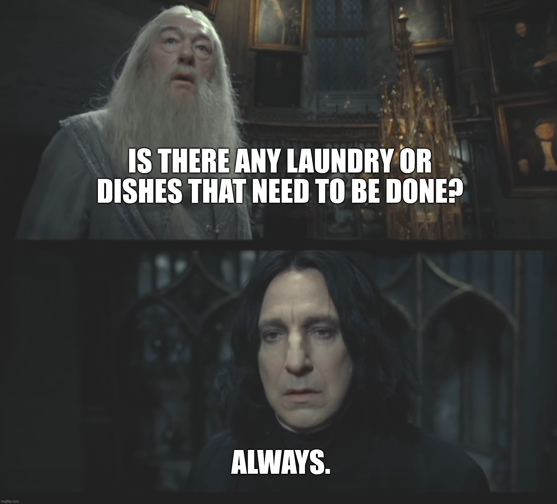 Laundry and dishes forever | IS THERE ANY LAUNDRY OR DISHES THAT NEED TO BE DONE? ALWAYS. | image tagged in snape always | made w/ Imgflip meme maker
