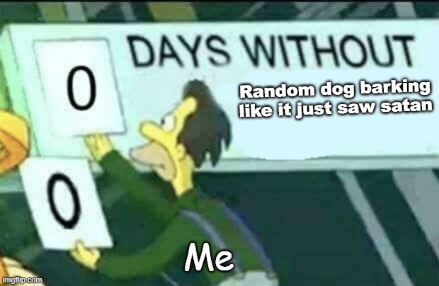Always at 5 am too | Random dog barking like it just saw satan; Me | image tagged in 0 days without lenny simpsons | made w/ Imgflip meme maker