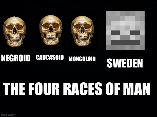 Black background | MONGOLOID; SWEDEN; CAUCASOID; NEGROID; THE FOUR RACES OF MAN | image tagged in black background | made w/ Imgflip meme maker