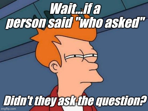 Futurama Fry Meme | Wait...if a person said "who asked"; Didn't they ask the question? | image tagged in memes,futurama fry | made w/ Imgflip meme maker