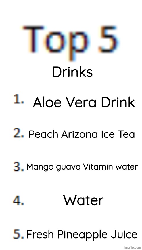 Top 5 List | Drinks; Aloe Vera Drink; Peach Arizona Ice Tea; Mango guava Vitamin water; Water; Fresh Pineapple Juice | image tagged in top 5 list | made w/ Imgflip meme maker