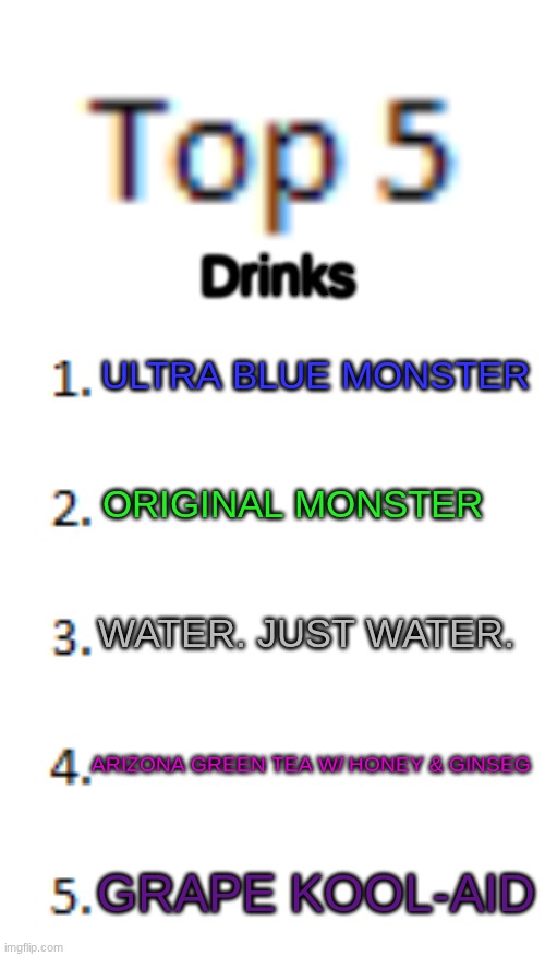 no, i'm white, not black btw | Drinks; ULTRA BLUE MONSTER; ORIGINAL MONSTER; WATER. JUST WATER. ARIZONA GREEN TEA W/ HONEY & GINSEG; GRAPE KOOL-AID | image tagged in top 5 list | made w/ Imgflip meme maker