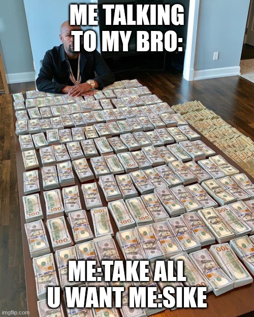 Floyd Mayweather Money | ME TALKING TO MY BRO:; ME:TAKE ALL U WANT ME:SIKE | image tagged in floyd mayweather money | made w/ Imgflip meme maker