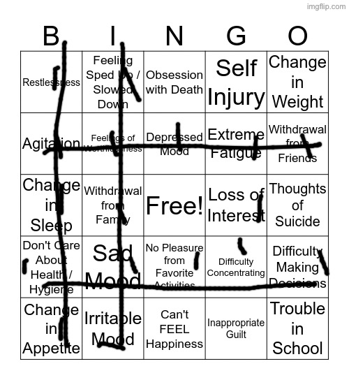 Four bingoes?? | image tagged in depression bingo 1 | made w/ Imgflip meme maker