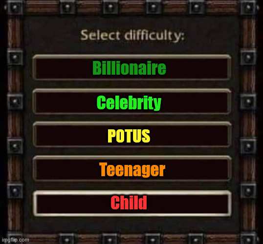 difficulty | Billionaire Celebrity POTUS Teenager Child | image tagged in difficulty | made w/ Imgflip meme maker