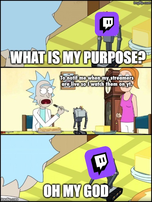 What is my purpose | To notif me when my streamers are live so I watch them on yt. | image tagged in what is my purpose | made w/ Imgflip meme maker