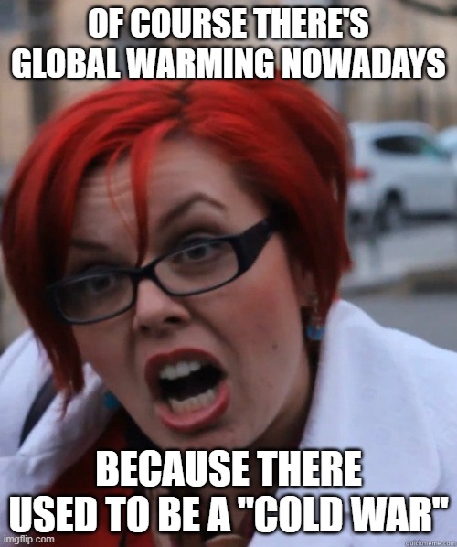 Feminist Face | OF COURSE THERE'S GLOBAL WARMING NOWADAYS; BECAUSE THERE USED TO BE A "COLD WAR" | image tagged in feminist face | made w/ Imgflip meme maker