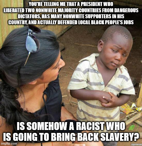 black kid | YOU'RE TELLING ME THAT A PRESIDENT WHO LIBERATED TWO NONWHITE MAJORITY COUNTRIES FROM DANGEROUS DICTATORS, HAS MANY NONWHITE SUPPORTERS IN HIS COUNTRY, AND ACTUALLY DEFENDED LOCAL BLACK PEOPLE'S JOBS; IS SOMEHOW A RACIST WHO IS GOING TO BRING BACK SLAVERY? | image tagged in black kid | made w/ Imgflip meme maker