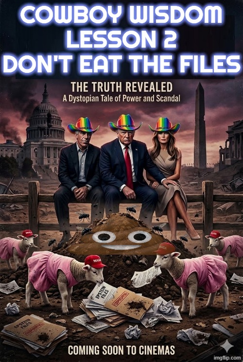 COWBOY WISDOM | COWBOY WISDOM
LESSON 2
DON'T EAT THE FILES | image tagged in cowboy wisdom,cowboy father and son,sam elliott special kind of stupid,donald trump,jeffrey epstein,memes | made w/ Imgflip meme maker