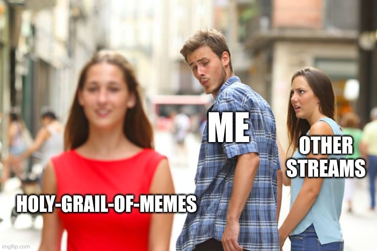 W holy grail of memes! | ME; OTHER STREAMS; HOLY-GRAIL-OF-MEMES | image tagged in memes,distracted boyfriend,holy grail of memes,funny,funny memes,meme | made w/ Imgflip meme maker