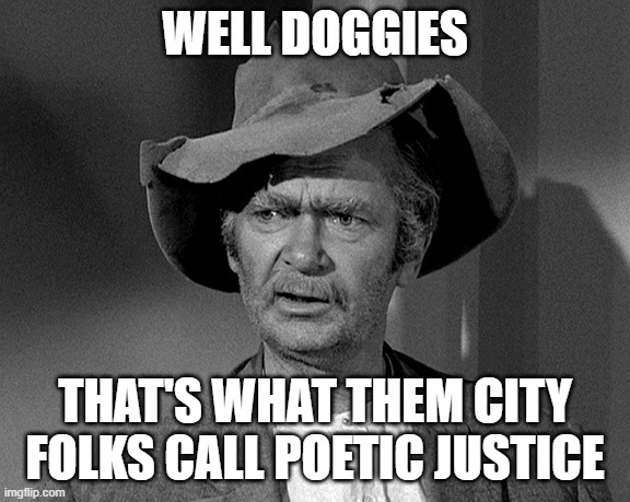 WELL DOGGIES THAT'S WHAT THEM CITY FOLKS CALL POETIC JUSTICE | image tagged in jed clampett | made w/ Imgflip meme maker