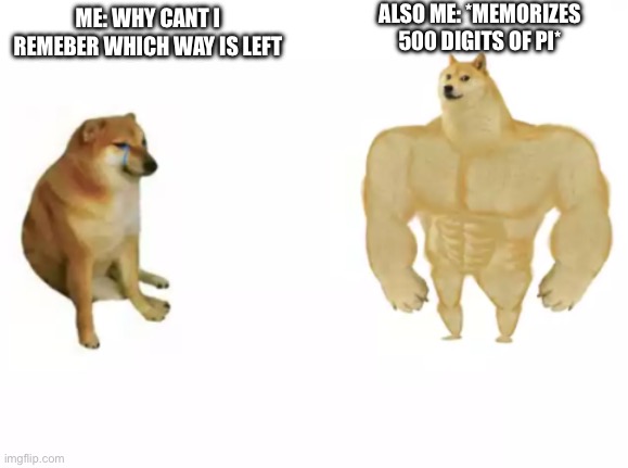 its so weird | ALSO ME: *MEMORIZES 500 DIGITS OF PI*; ME: WHY CANT I REMEBER WHICH WAY IS LEFT | image tagged in buff doge vs cheems reversed,funny,memes,pi,left | made w/ Imgflip meme maker
