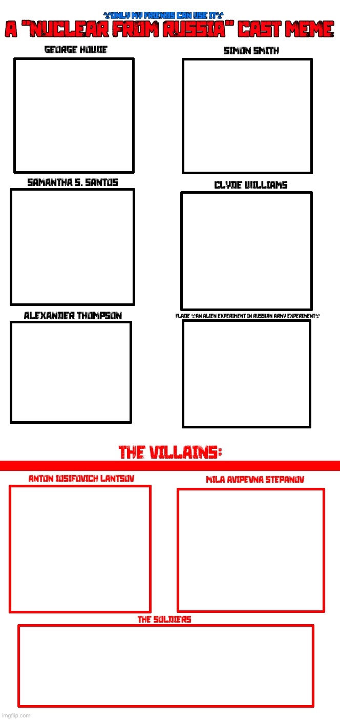 A “nuke from Russia” cast meme (it’s a action sci-fi movie directed by me) (mod note: fill in meme alert) | made w/ Imgflip meme maker