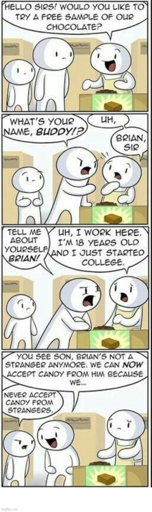 The Odd 1s Out | image tagged in comics,the odd 1s out,free sample,chocolate,salesman,not a stranger | made w/ Imgflip meme maker