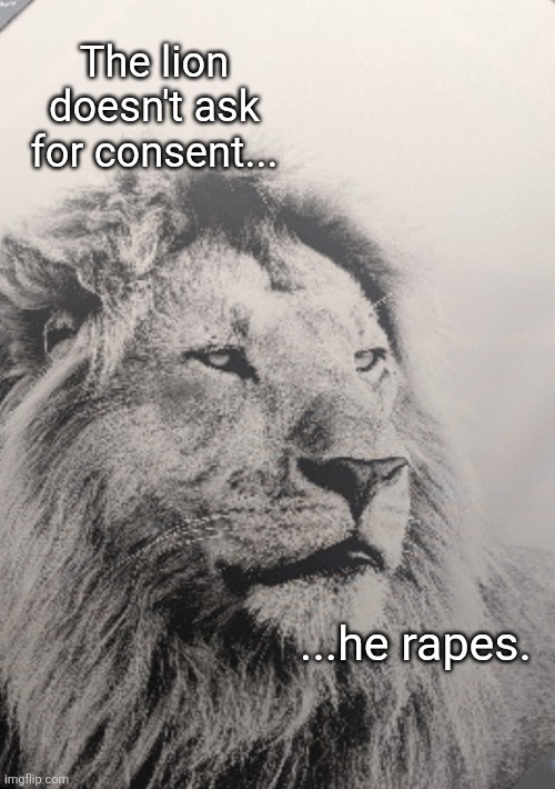 The lion doesn't ask for consent... ...he rapes. | made w/ Imgflip meme maker
