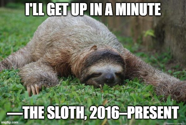 Sleeping sloth | I'LL GET UP IN A MINUTE; —THE SLOTH, 2016–PRESENT | image tagged in sleeping sloth | made w/ Imgflip meme maker