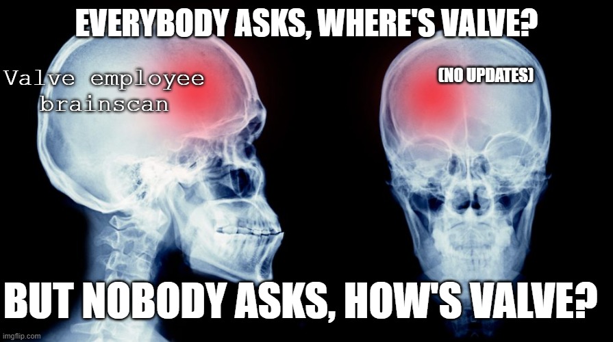 Left Brain Right Brain | (NO UPDATES); EVERYBODY ASKS, WHERE'S VALVE? Valve employee brainscan; BUT NOBODY ASKS, HOW'S VALVE? | image tagged in counterstrike | made w/ Imgflip meme maker