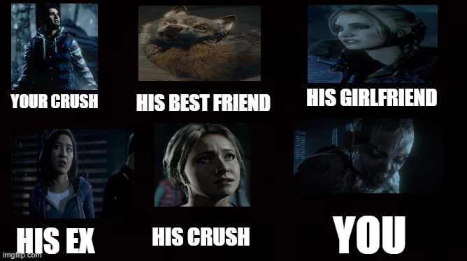 Your crush / her father meme | HIS GIRLFRIEND; HIS BEST FRIEND; YOUR CRUSH; YOU; HIS CRUSH; HIS EX | image tagged in your crush / her father meme | made w/ Imgflip meme maker