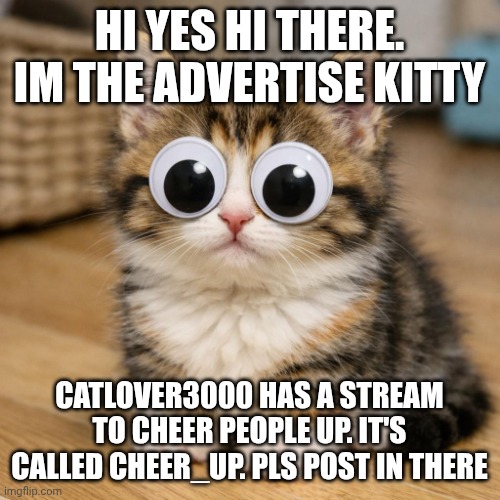 Advertising kitty of streams | HI YES HI THERE. IM THE ADVERTISE KITTY; CATLOVER3000 HAS A STREAM TO CHEER PEOPLE UP. IT'S CALLED CHEER_UP. PLS POST IN THERE | image tagged in kitten with googly eyes | made w/ Imgflip meme maker