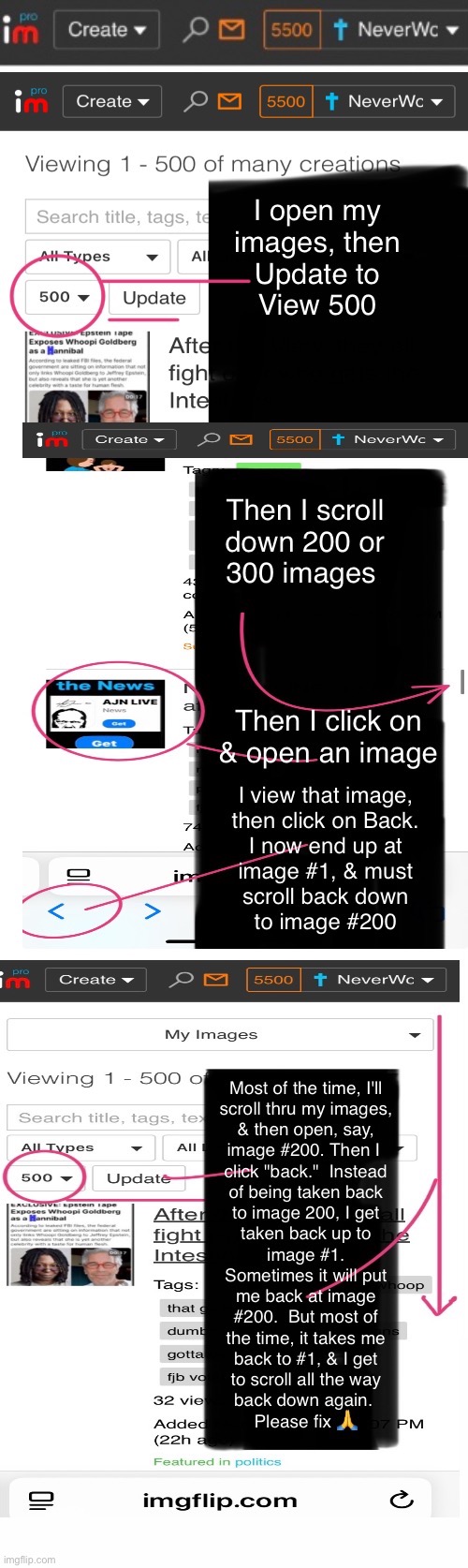 Bug report - scroll down, open image 222, click back, resets to image 1 | image tagged in memes,please fix if possible,thank you,god bless you | made w/ Imgflip meme maker