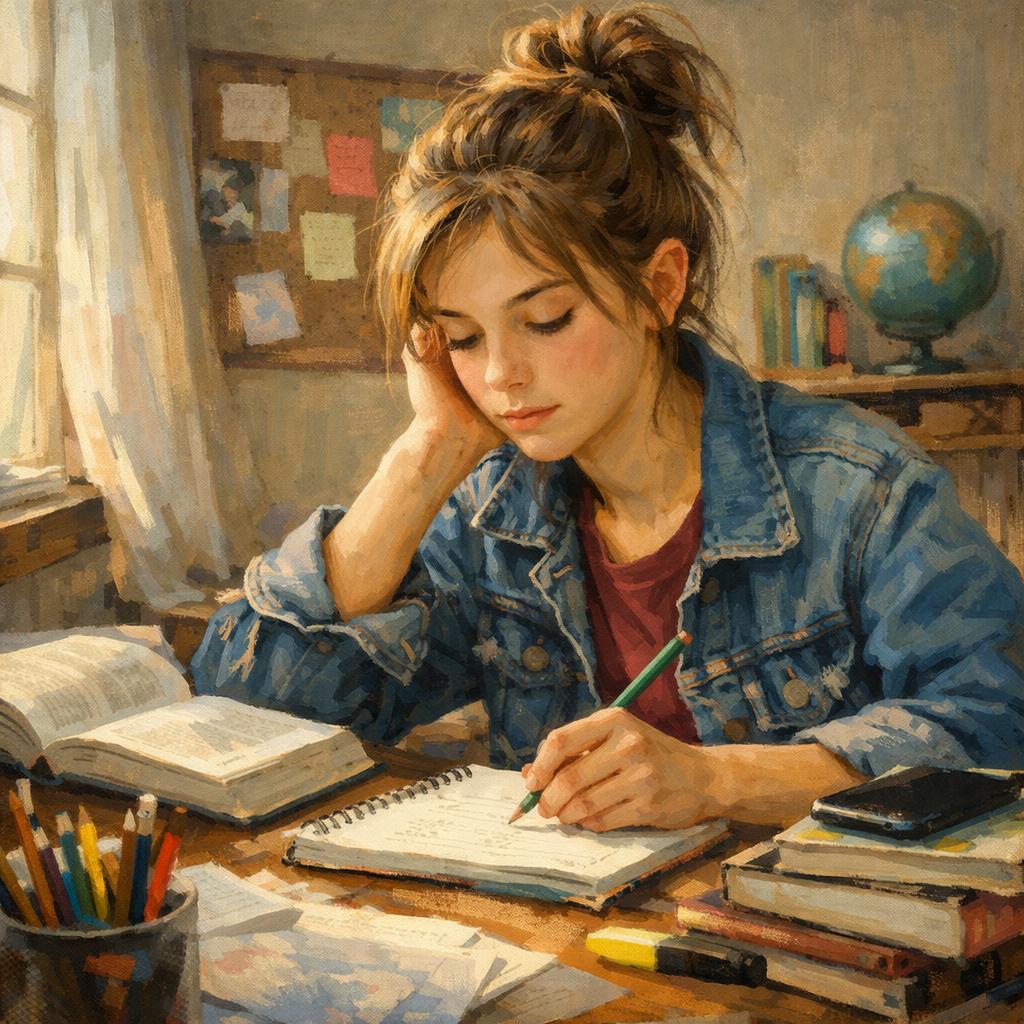 a teen who is studying Blank Meme Template