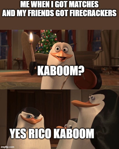 Madagascar Penguin Kaboom | ME WHEN I GOT MATCHES AND MY FRIENDS GOT FIRECRACKERS; KABOOM? YES RICO KABOOM | image tagged in madagascar penguin kaboom | made w/ Imgflip meme maker