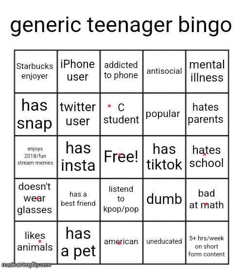 generic teenager bingo | image tagged in generic teenager bingo | made w/ Imgflip meme maker