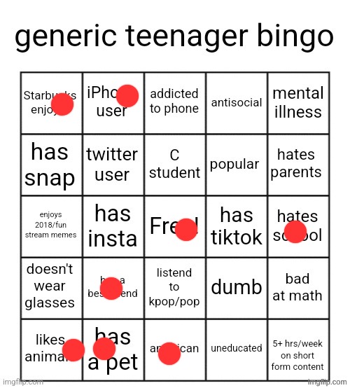 I'm ungeneric | image tagged in generic teenager bingo | made w/ Imgflip meme maker