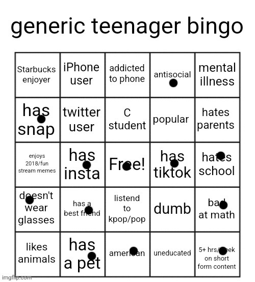 generic teenager bingo | image tagged in generic teenager bingo | made w/ Imgflip meme maker