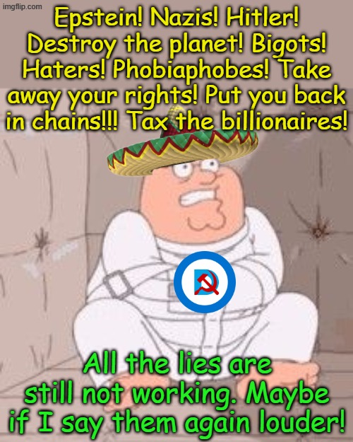 What is that wise old saying? About keeping on doing the same thing over and over and expecting different results... | Epstein! Nazis! Hitler! Destroy the planet! Bigots! Haters! Phobiaphobes! Take away your rights! Put you back in chains!!! Tax the billionaires! All the lies are still not working. Maybe if I say them again louder! | image tagged in peter griffin in a padded cell | made w/ Imgflip meme maker