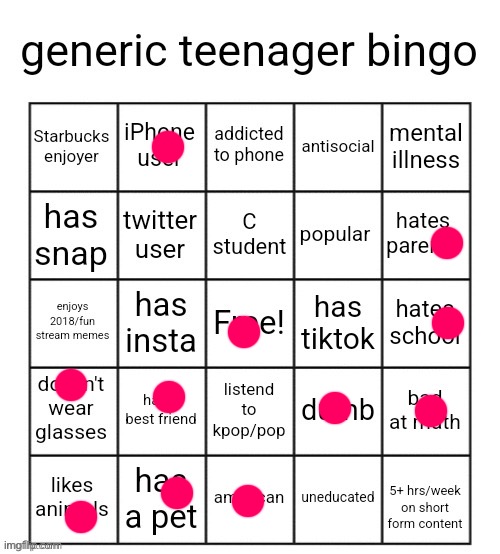 generic teenager bingo | image tagged in generic teenager bingo | made w/ Imgflip meme maker