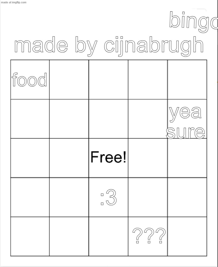 Blank Bingo | made by cijnabrugh; bingo; food; yea sure; :3; ??? | image tagged in blank bingo | made w/ Imgflip meme maker