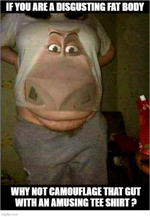 This Doesn't Really Help | IF YOU ARE A DISGUSTING FAT BODY; WHY NOT CAMOUFLAGE THAT GUT
WITH AN AMUSING TEE SHIRT ? | image tagged in fat shame,camouflage,fail | made w/ Imgflip meme maker