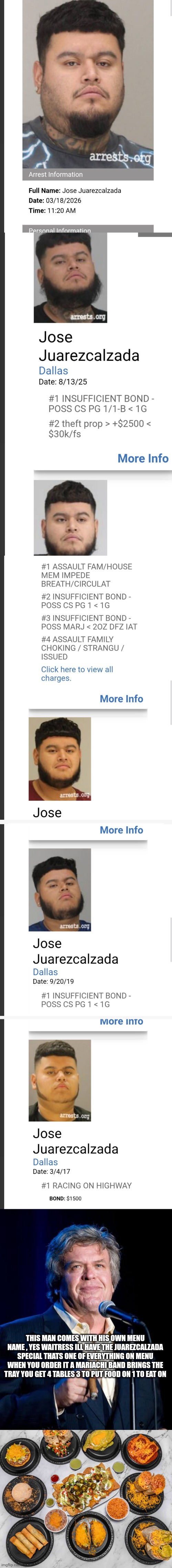 Mexican restraunt special | THIS MAN COMES WITH HIS OWN MENU NAME , YES WAITRESS ILL HAVE THE JUAREZCALZADA SPECIAL THATS ONE OF EVERYTHING ON MENU WHEN YOU ORDER IT A MARIACHI BAND BRINGS THE TRAY YOU GET 4 TABLES 3 TO PUT FOOD ON 1 TO EAT ON | image tagged in parody | made w/ Imgflip meme maker