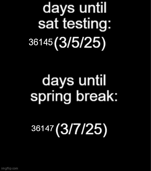 days until sat & spring break template v2 | 36145; 36147 | image tagged in days until sat spring break template v2 | made w/ Imgflip meme maker