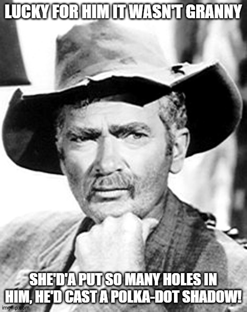 LUCKY FOR HIM IT WASN'T GRANNY SHE'D'A PUT SO MANY HOLES IN HIM, HE'D CAST A POLKA-DOT SHADOW! | image tagged in jed clampett | made w/ Imgflip meme maker