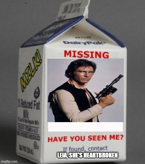 Posting Star Wars memes until May 4th (day 13) | LEIA, SHE'S HEARTBROKEN | image tagged in milk carton | made w/ Imgflip meme maker