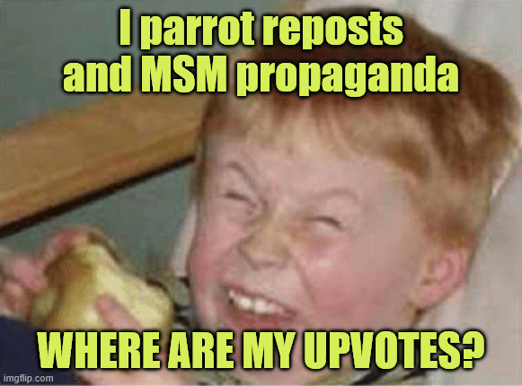 sour apple | I parrot reposts and MSM propaganda WHERE ARE MY UPVOTES? | image tagged in sour apple | made w/ Imgflip meme maker