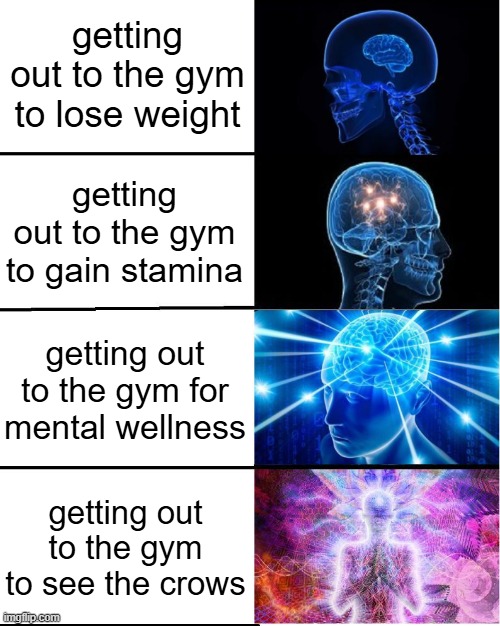 GALAXY BRAIN | getting out to the gym to lose weight; getting out to the gym to gain stamina; getting out to the gym for mental wellness; getting out to the gym to see the crows | image tagged in galaxy brain | made w/ Imgflip meme maker