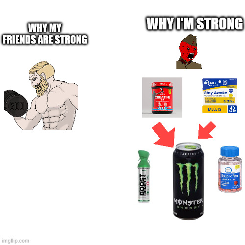 who tf cares if it's healthy it lets me double my curl | WHY MY FRIENDS ARE STRONG; WHY I'M STRONG | image tagged in energy drinks | made w/ Imgflip meme maker