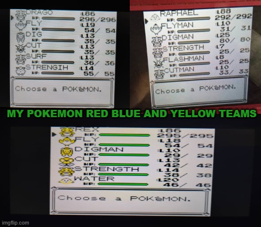 my pokemon red blue and yellow teams | MY POKEMON RED BLUE AND YELLOW TEAMS | image tagged in pokemon,pokemon memes,gen 1,gameboy,pokemon red and blue,retro | made w/ Imgflip meme maker
